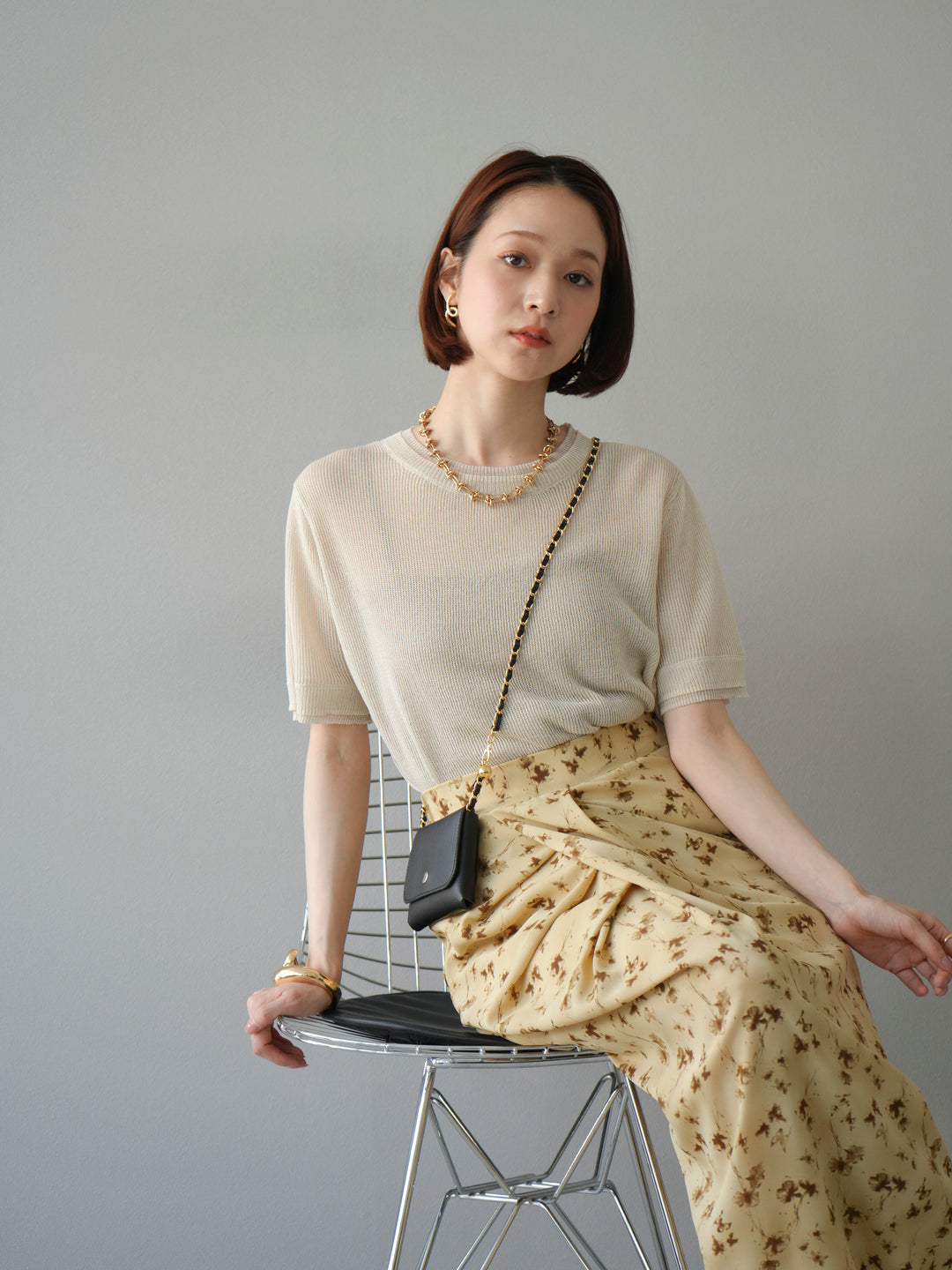 [SET]リネンタッチ配色二重臼ハーフニットトップス+選べるアソート柄スカートセット(2set)