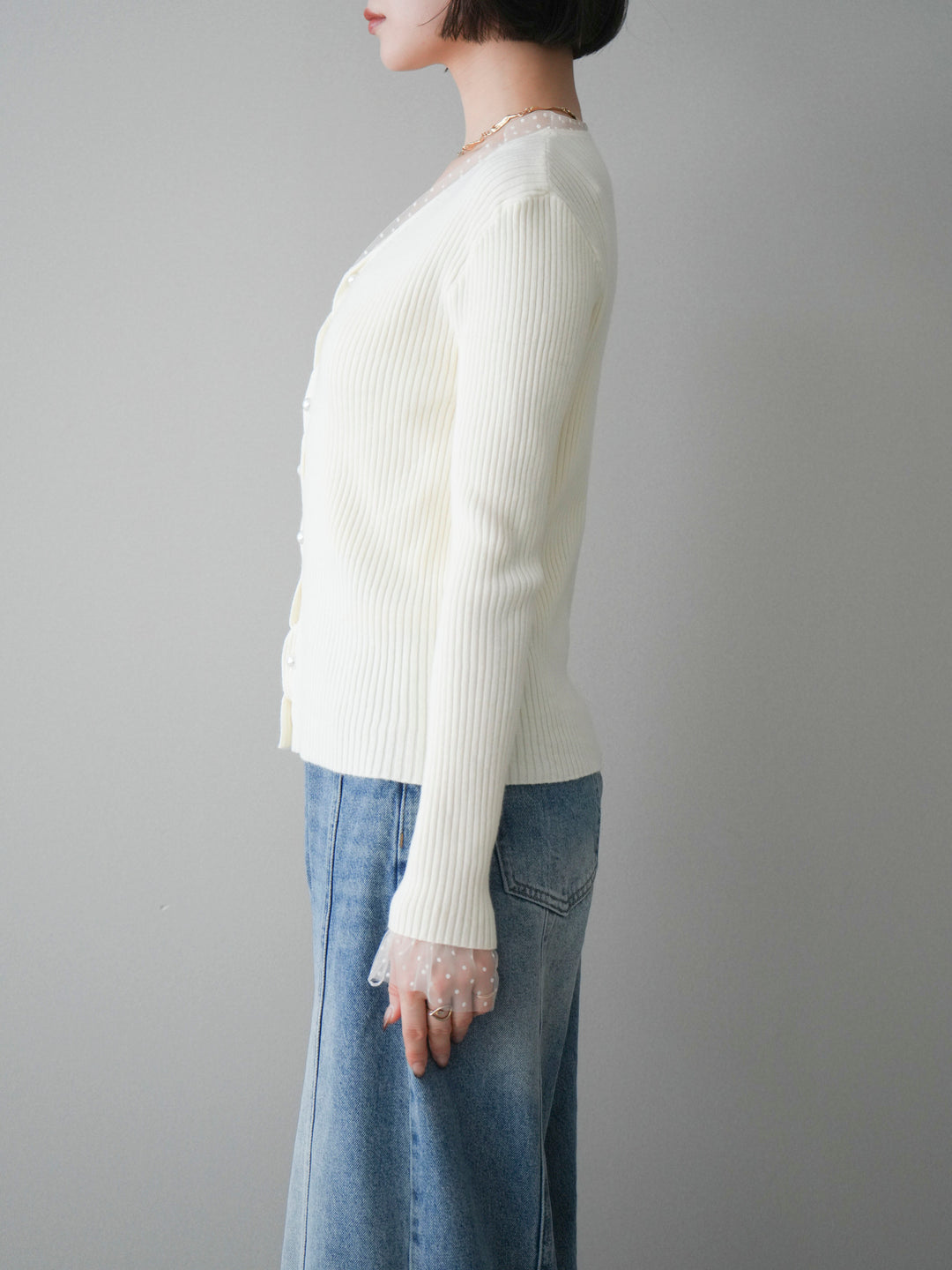 [予約]チュールドッキングパールボタンニットカーディガン/ivory