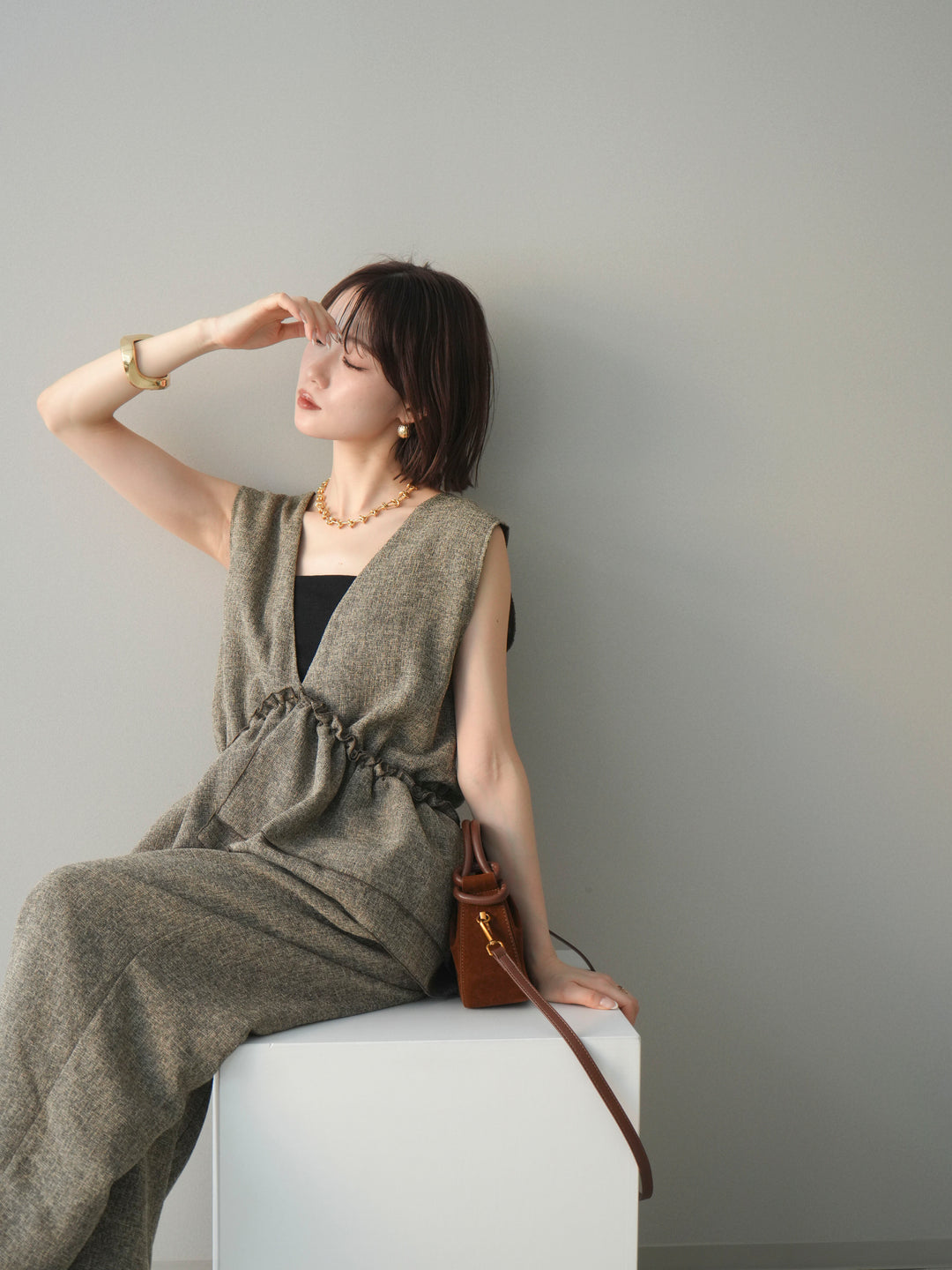 [SET]3WAYミックスツイードギャザーオールインワン+選べるアクセセット(2set)