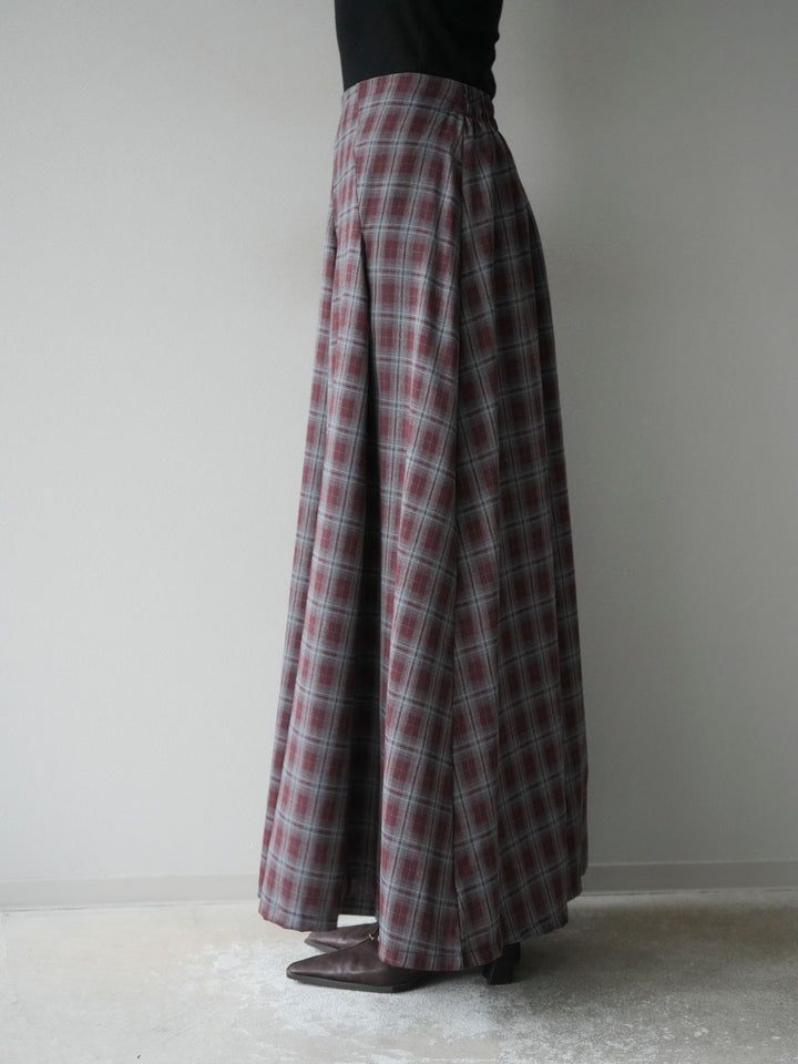 [予約]チェックタックフレアロングスカート/ ボルドー