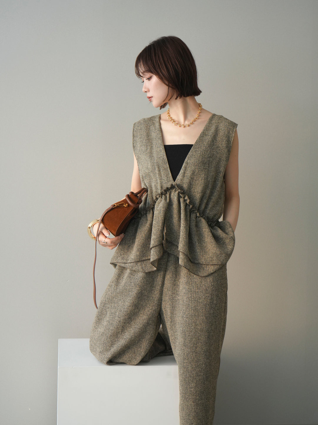 [SET]3WAYミックスツイードギャザーオールインワン+選べるアクセセット(2set)