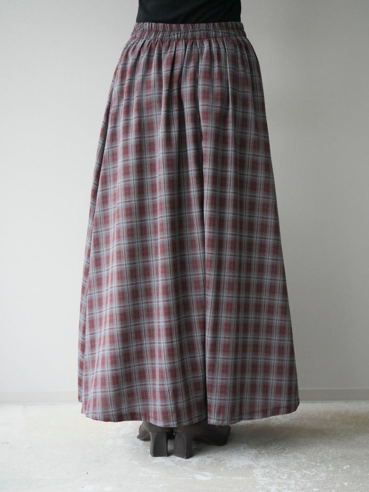 [予約]チェックタックフレアロングスカート/ ボルドー