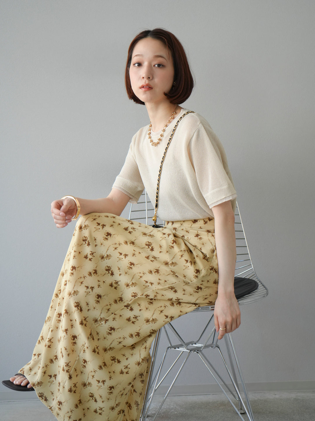 [SET]リネンタッチ配色二重臼ハーフニットトップス+選べるアソート柄スカートセット(2set)