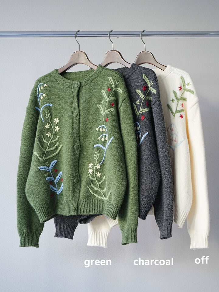 [SET]フラワー刺繍ニットカーディガン+ベルト付タックワイドパンツ(2set)