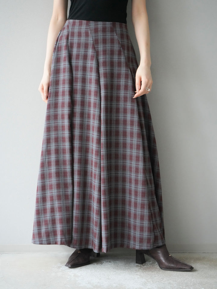 [予約]チェックタックフレアロングスカート/ ボルドー