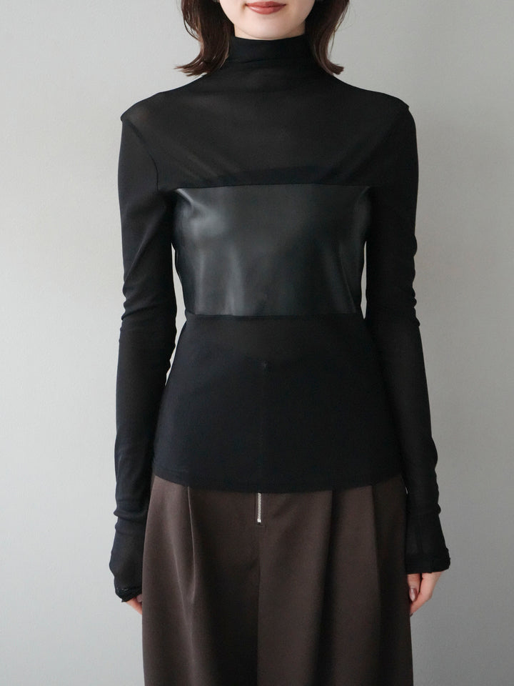 [予約]レザー切替プチネックシアートップス/black