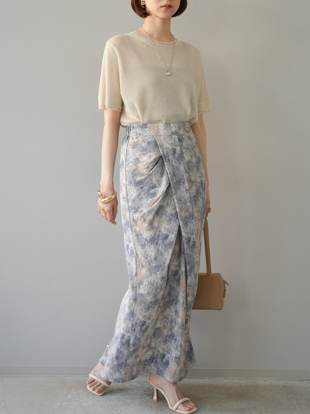 [SET]リネンタッチ配色二重臼ハーフニットトップス+選べるアソート柄スカートセット(2set)