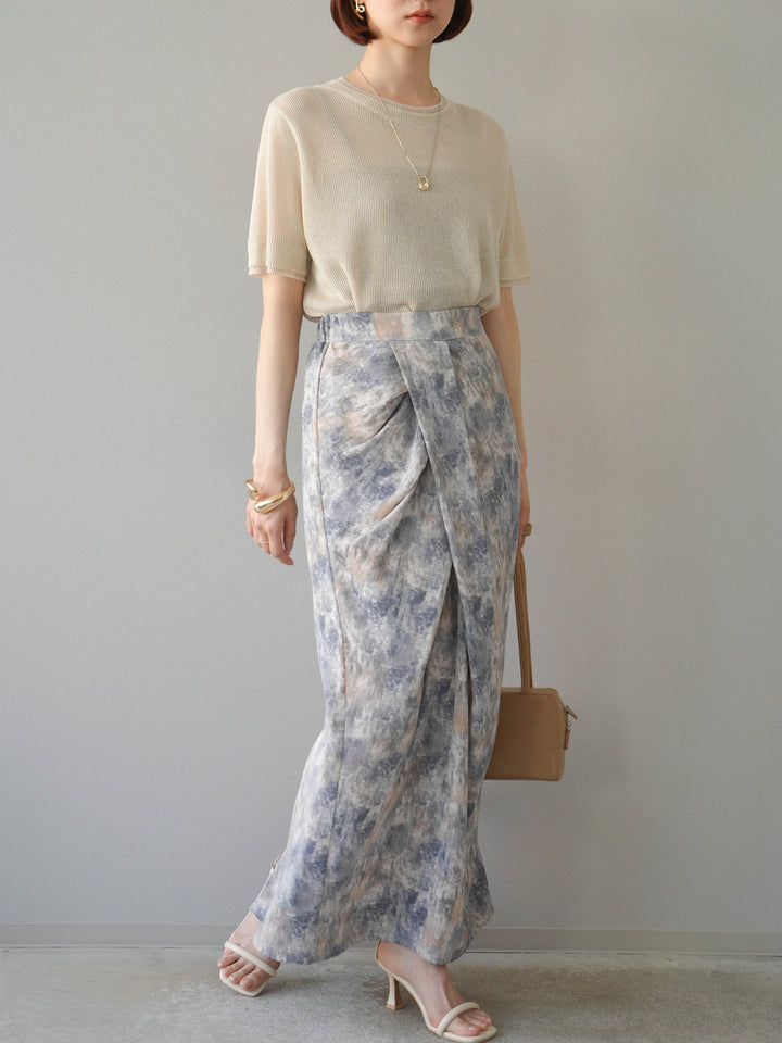 [SET]リネンタッチ配色二重臼ハーフニットトップス+選べるアソート柄スカートセット(2set)