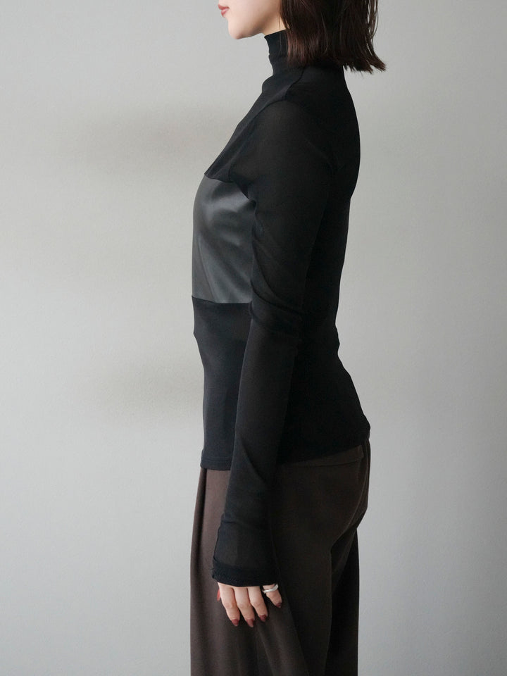 [予約]レザー切替プチネックシアートップス/black