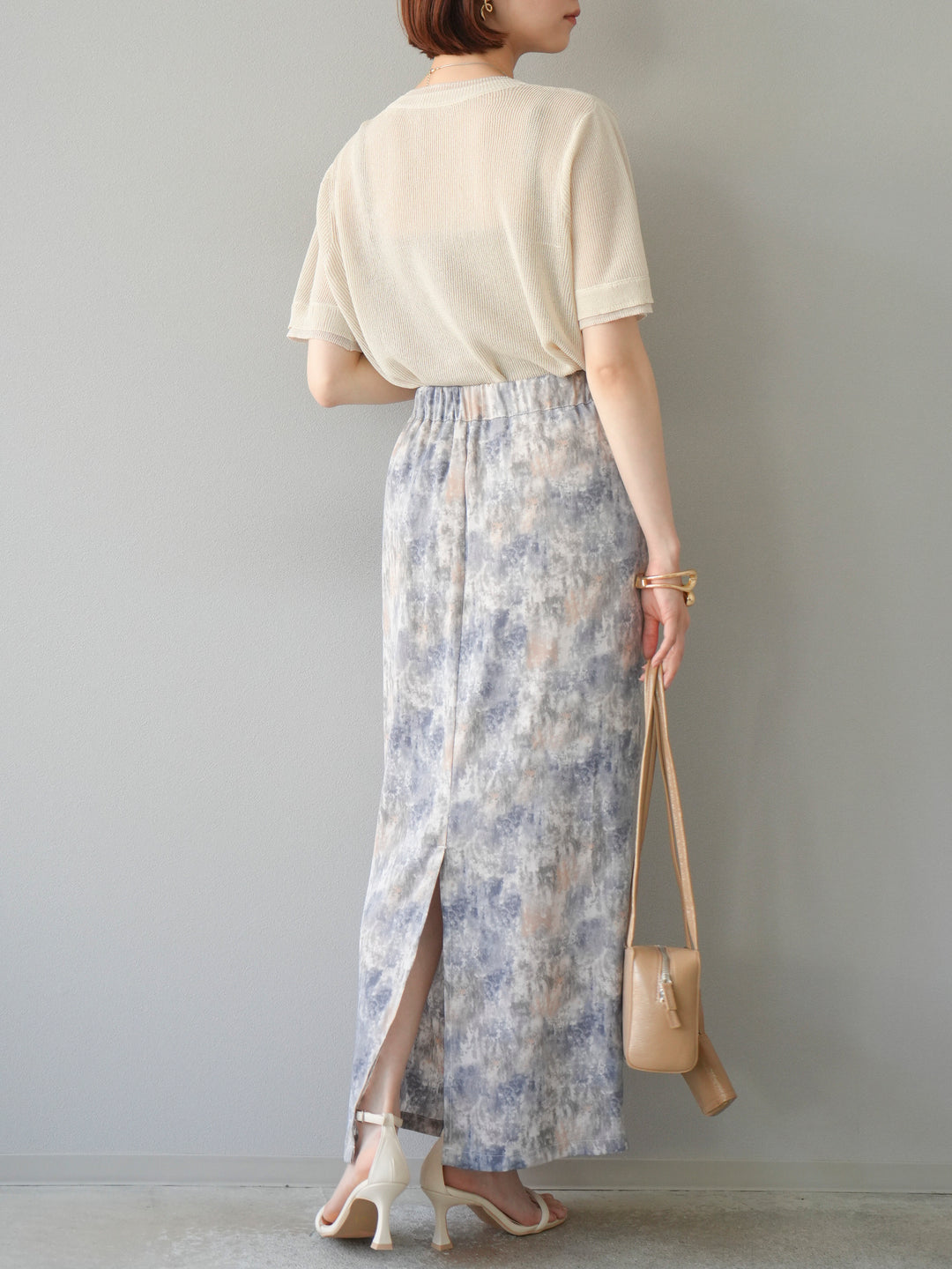 [SET]リネンタッチ配色二重臼ハーフニットトップス+選べるアソート柄スカートセット(2set)