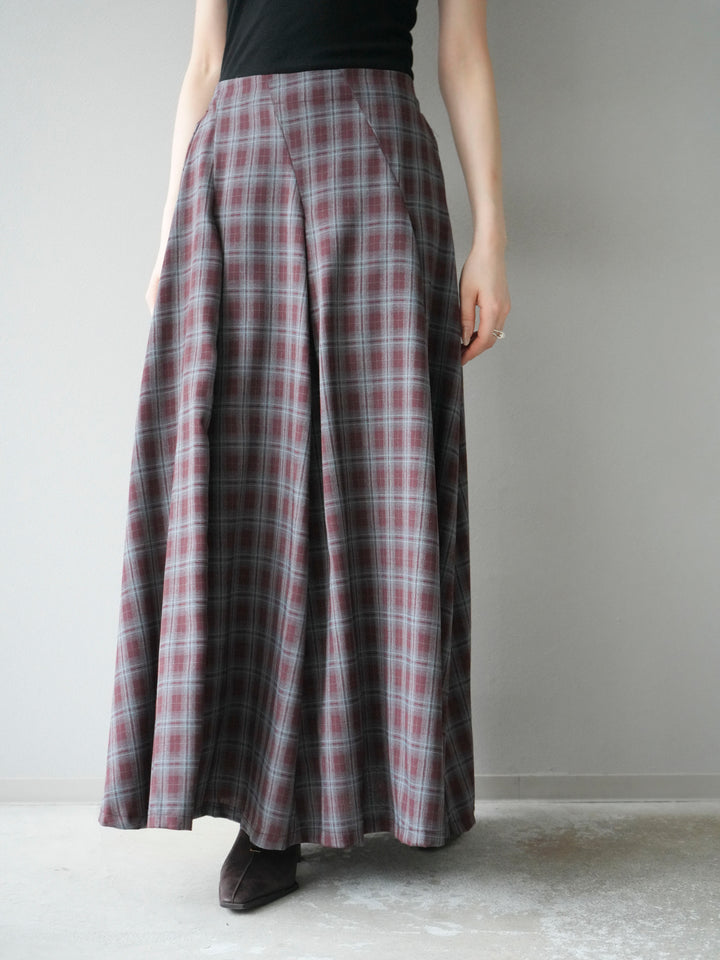 [予約]チェックタックフレアロングスカート/ ボルドー