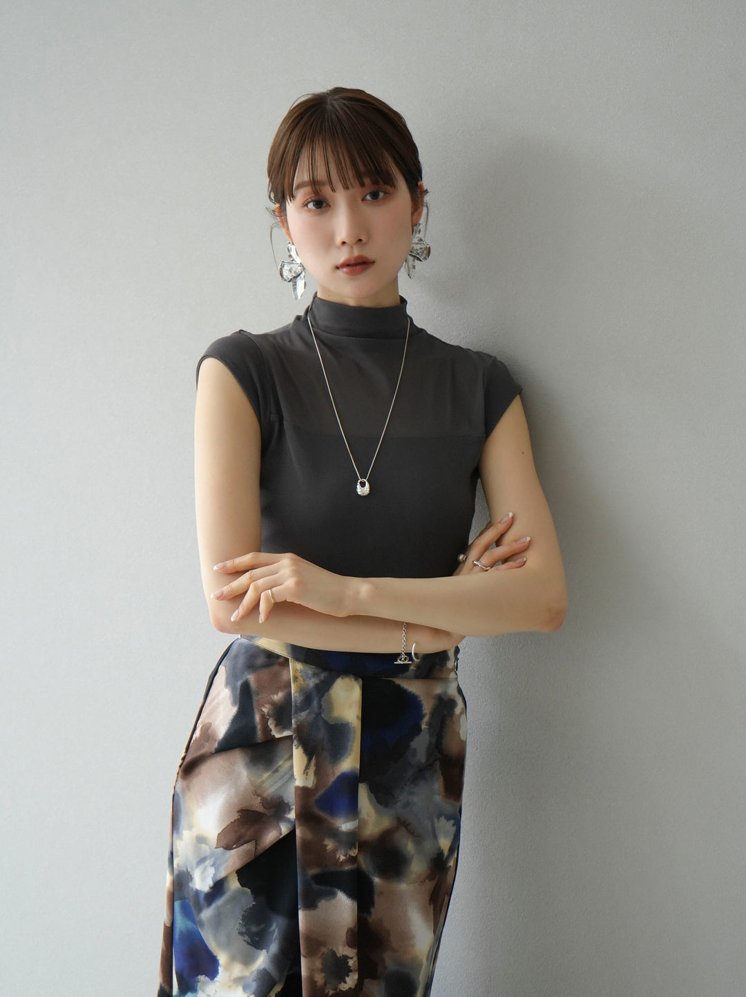 [SET]シアー切替ストレッチ長袖トップス+シアー切替ストレッチトップス(2set)