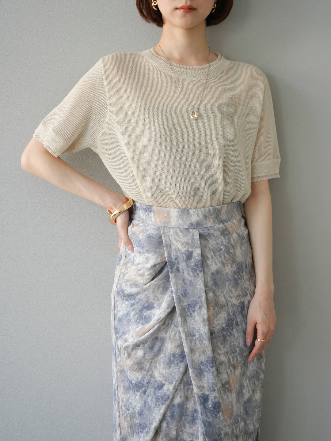 [SET]リネンタッチ配色二重臼ハーフニットトップス+選べるアソート柄スカートセット(2set)