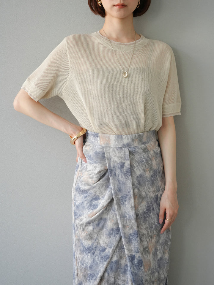 [SET]リネンタッチ配色二重臼ハーフニットトップス+選べるアソート柄スカートセット(2set)