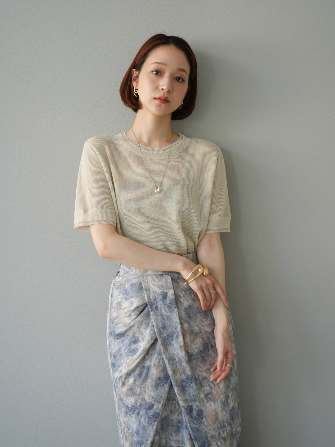 [SET]リネンタッチ配色二重臼ハーフニットトップス+選べるアソート柄スカートセット(2set)