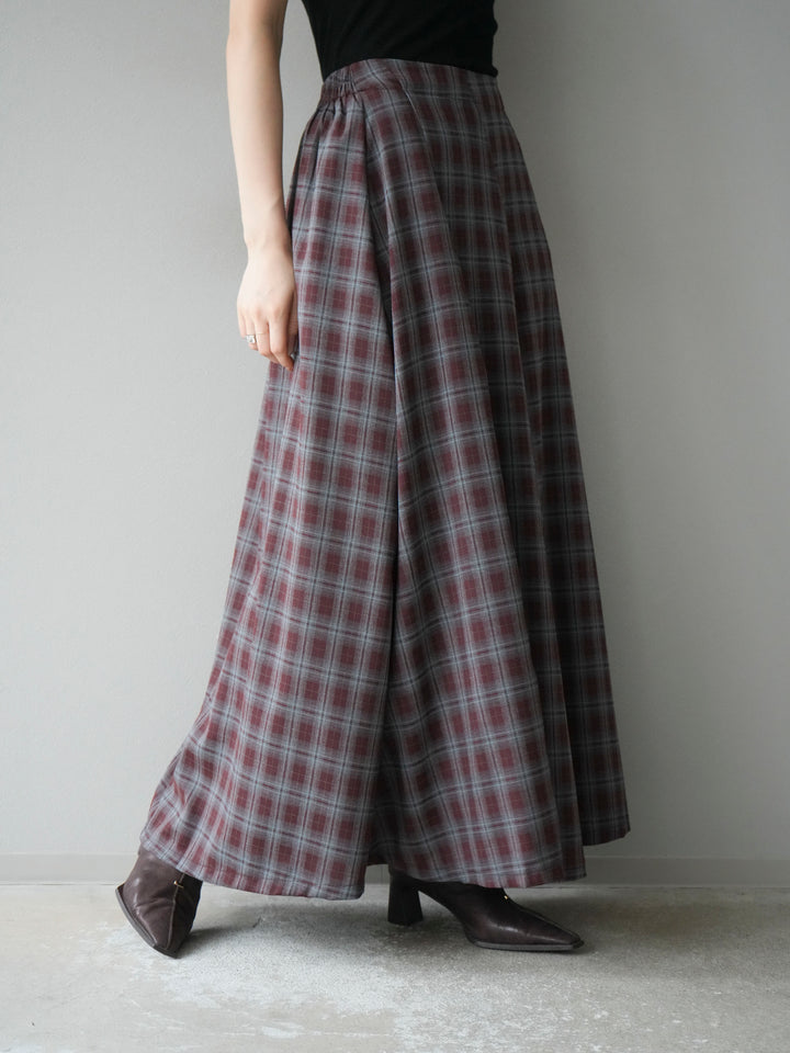 [予約]チェックタックフレアロングスカート/ ボルドー