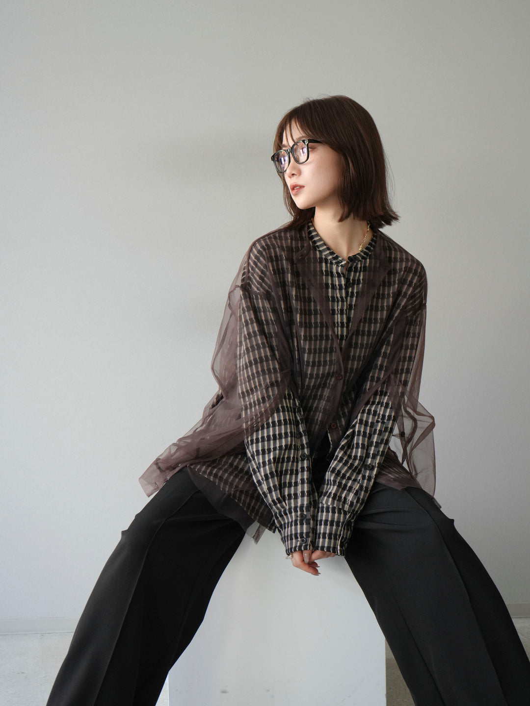 [予約]チェック柄2WAYスリーブバンドカラーシャツ/ベージュブラック