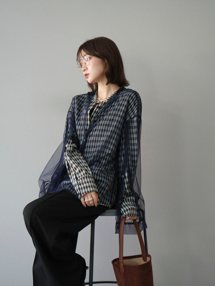 [予約]チェック柄2WAYスリーブバンドカラーシャツ/ブルーブラウン