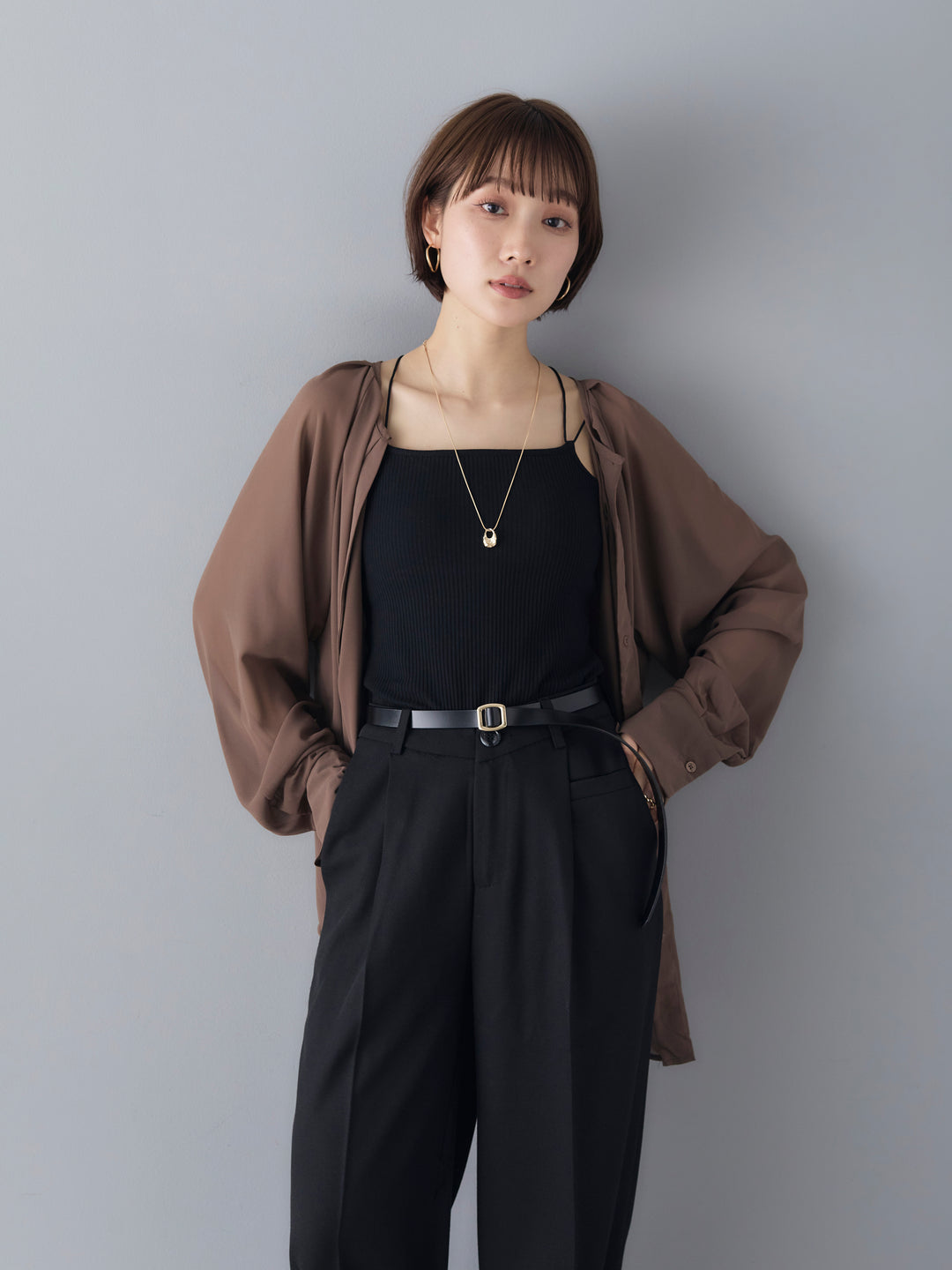 [Pre-order] Sheer No-Collar 2-Way LS Blouse/Beige