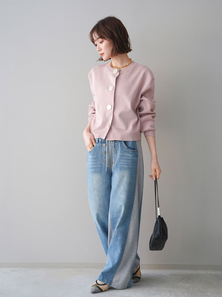 [SET]メタルボタンクルーネックニットカーディガン+デニム切替スウェットパンツ(2set)