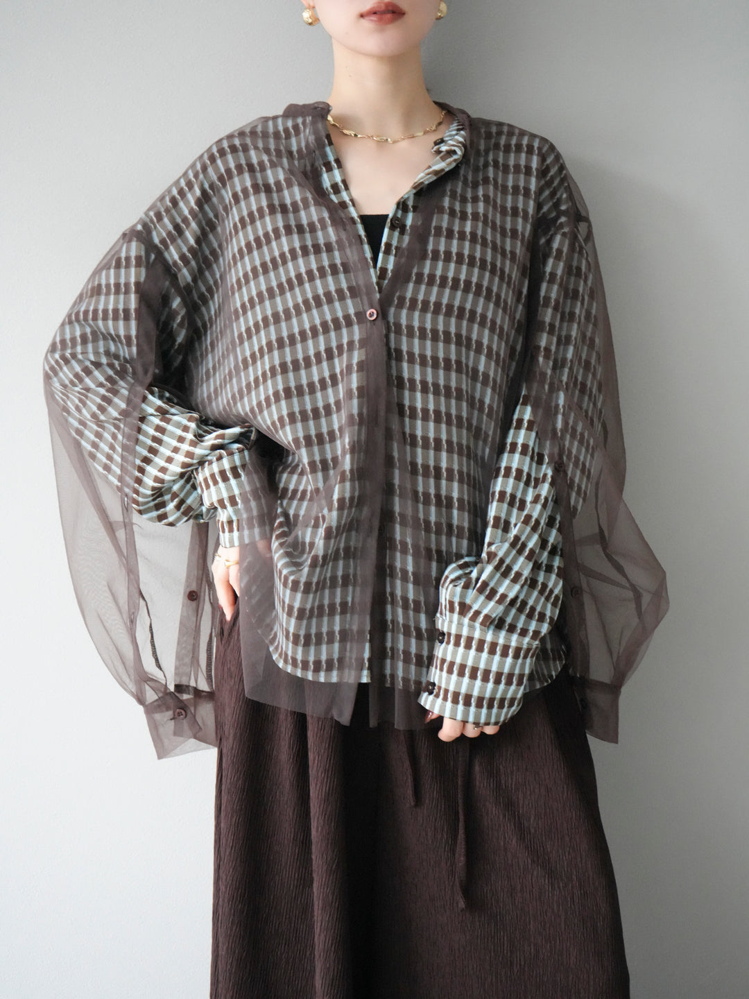 [予約]2WAYスリーブチュールシャツ/ブラウン