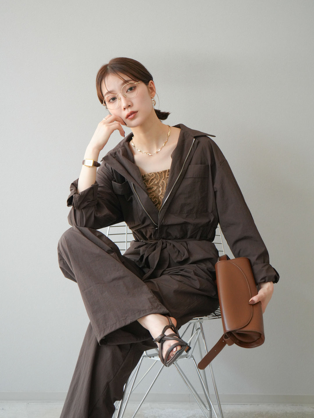 [予約]ナイロンジャンプスーツ/ブラウン