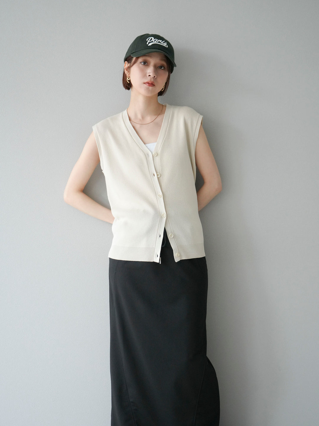 [SET]Vネックレーヨンニットベスト+スウェットロングスカート(2set)