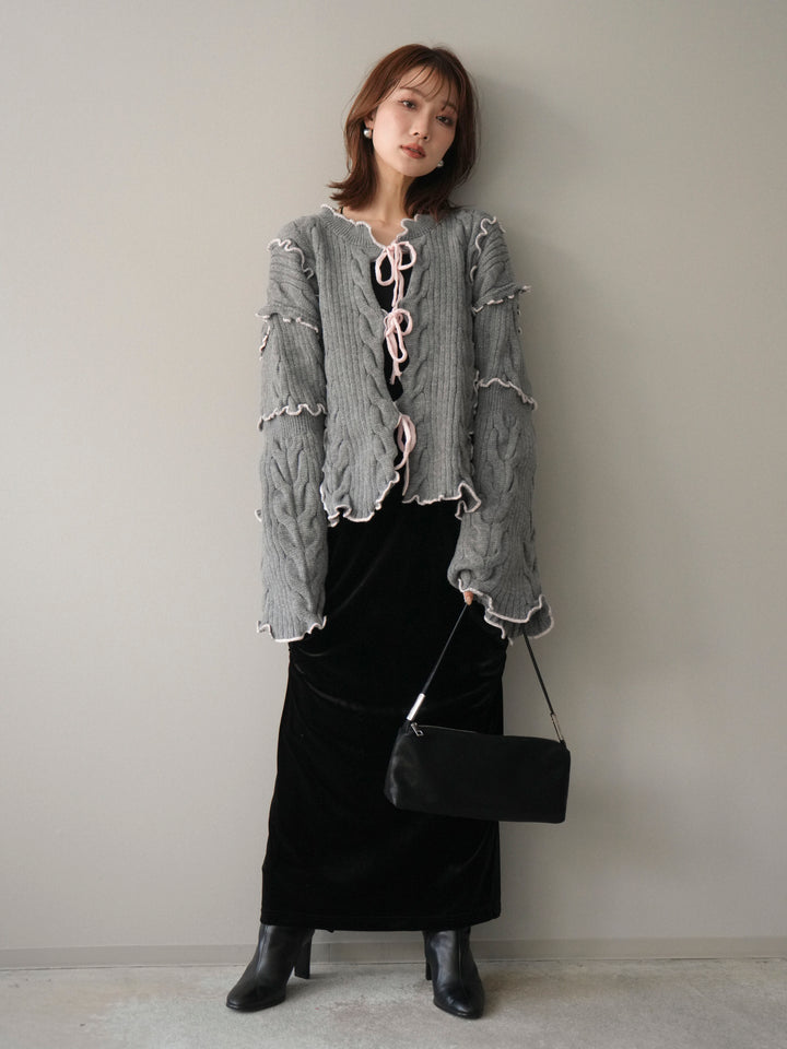[SET]フロントリボン配色メローニットカーディガン+ギャザーベロアスカート(2set)