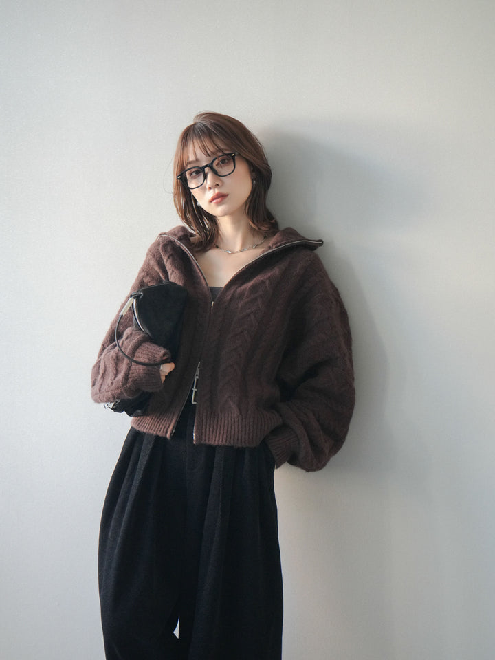 [SET]ケーブル編みハイネックZIPニットカーディガン+選べるアクセセット(2set)