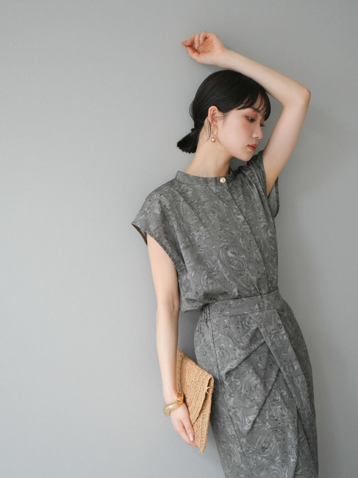 [SET]ペイズリープリントゴールドボタンブラウス+ペイズリープリントタックIラインスカート(2set)