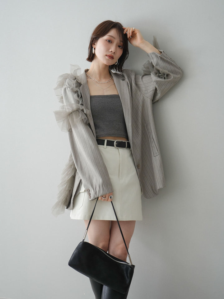 [予約]アシンメトリーチュールストライプジャケット/greige