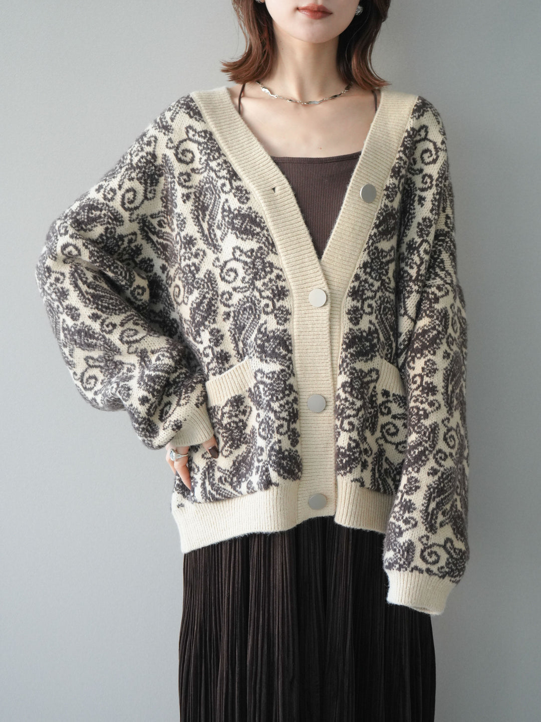 [予約]ペイズリー柄ニットカーディガン/brown