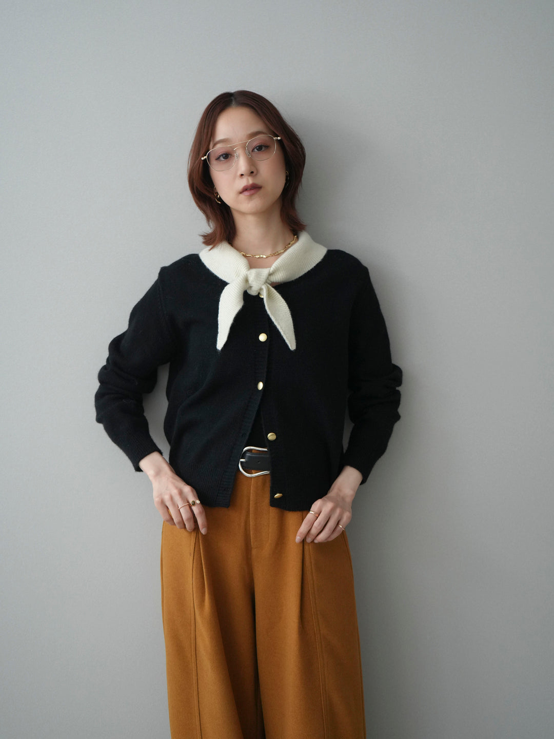 [SET]デザイン襟ニットカーディガン+ベルト付起毛コクーンパンツ(2set)