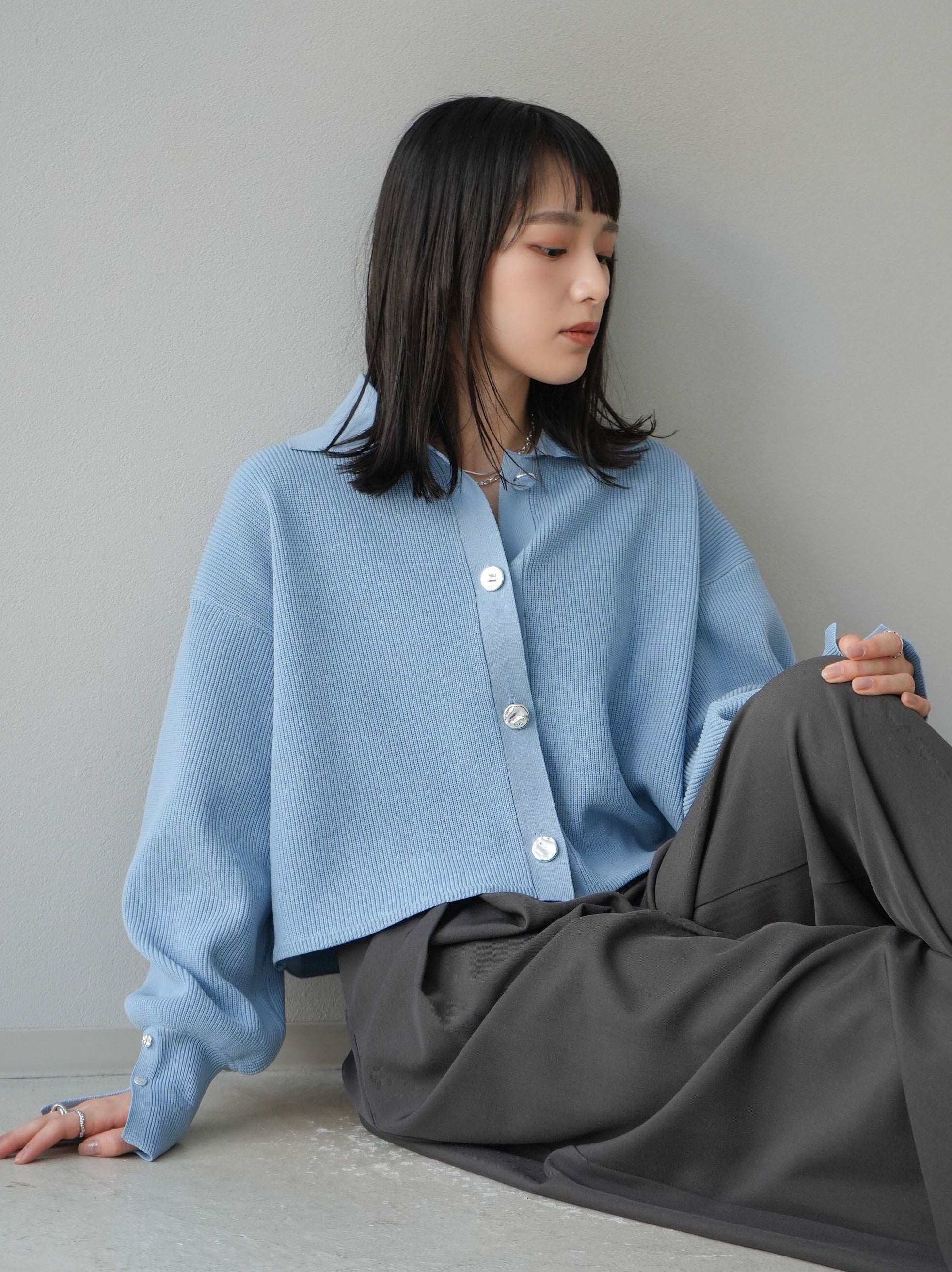 SET]ボリュームスリーブポロニットカーディガン+ベルトデザインタック