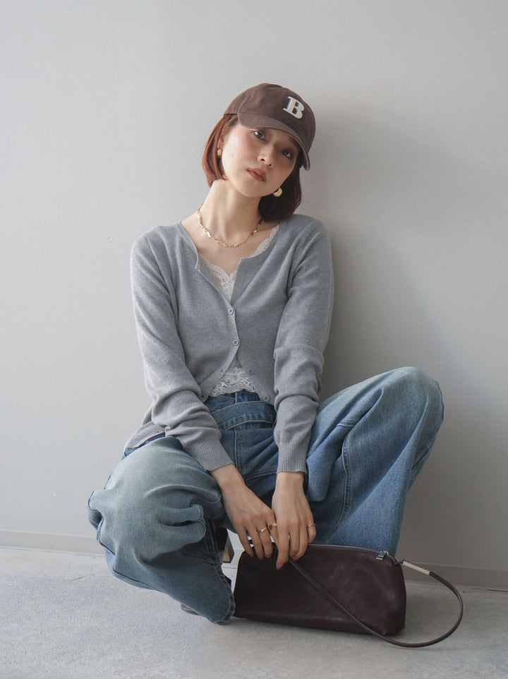 [SET]レースレイヤードニットカーディガン+アシメデザインワイドデニムパンツ(2set)