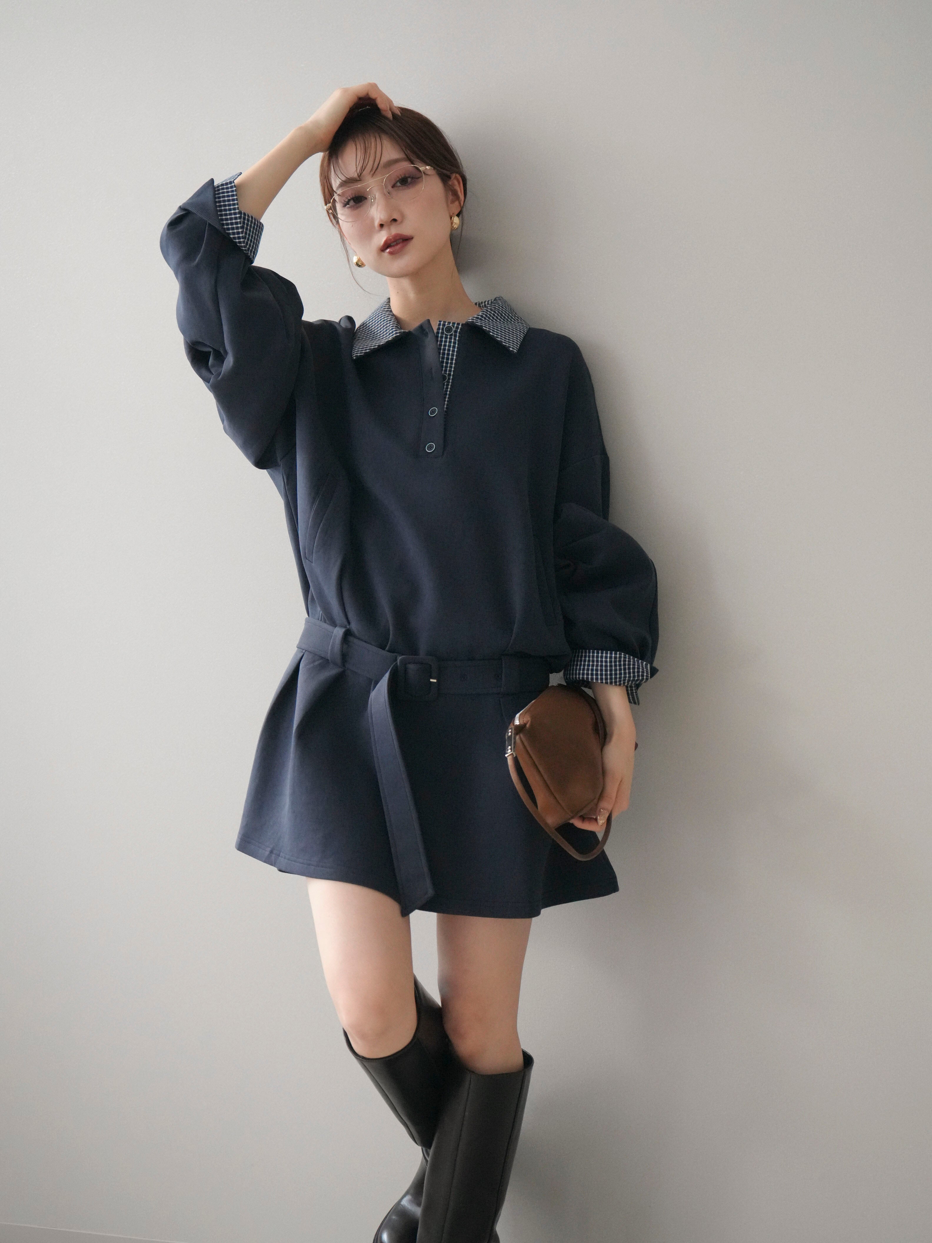 SET]チェック襟xスエットミニワンピース+選べるアクセセット(2set