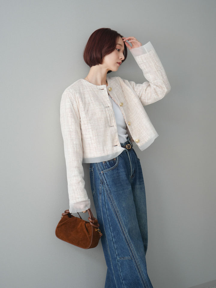 [予約]チュールレイヤードツイードクロップドジャケット/orange