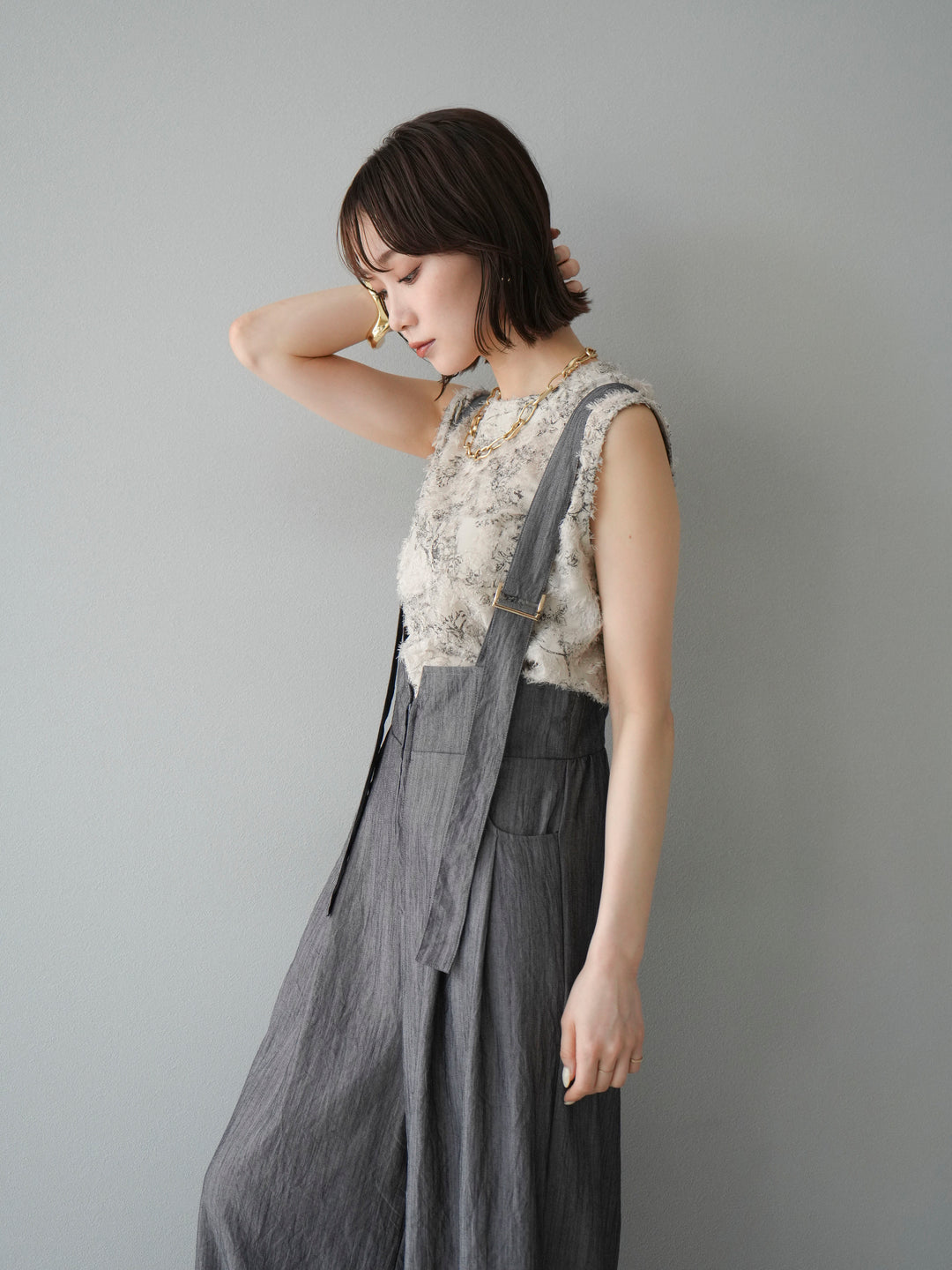 [予約]ストリングデザインハイウエストサロペット/チャコール