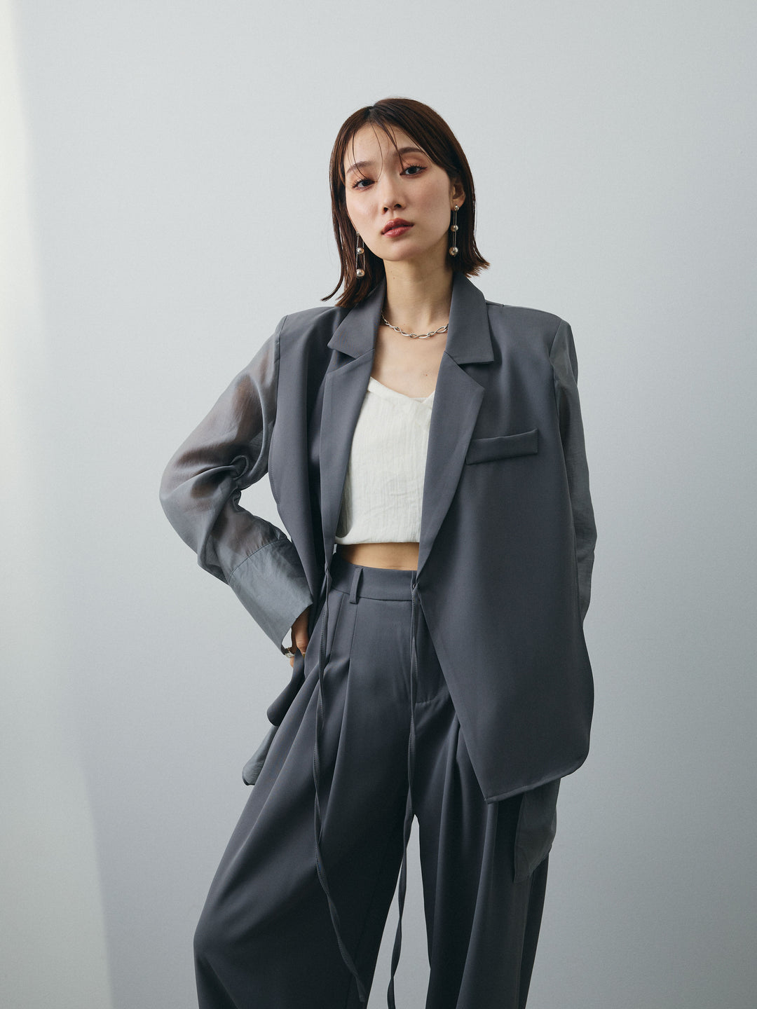 [予約]シアー切替テーラードジャケット/グレー