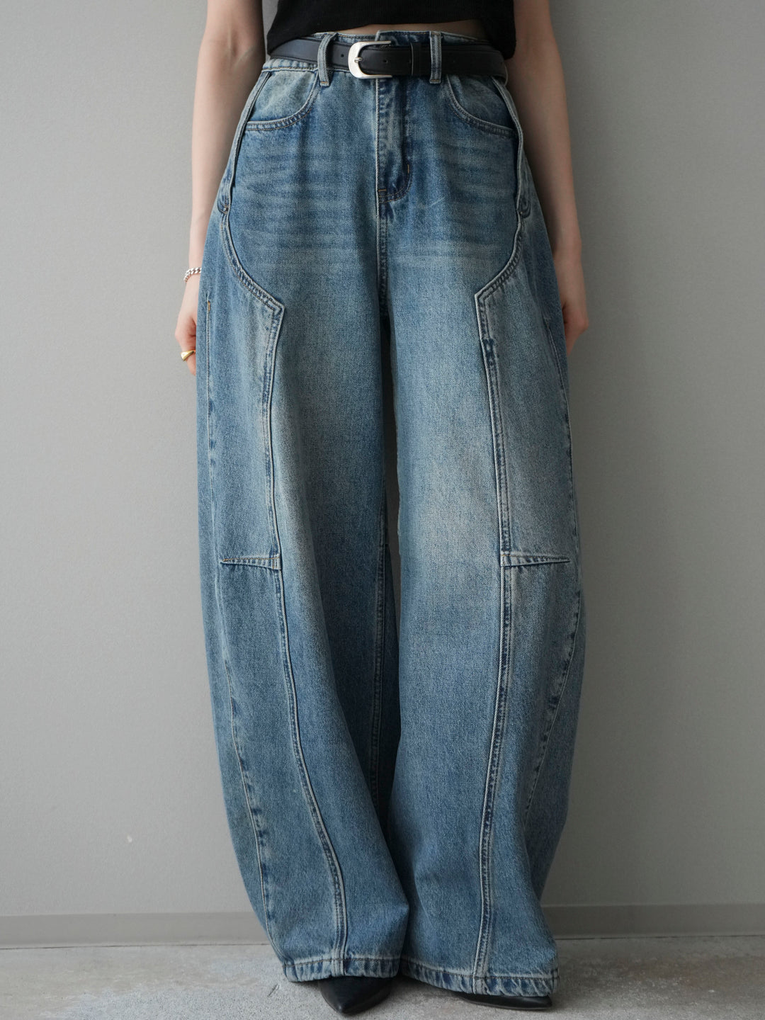 [予約]ベルト付3Dカーブデニムパンツ/blue