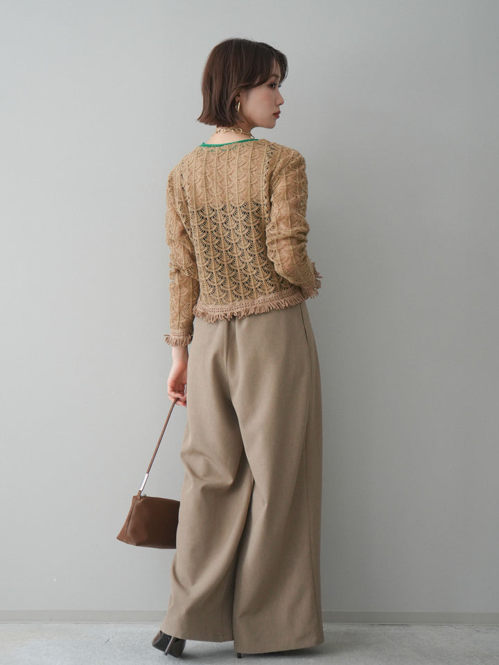 [予約]サテンベルトタックワイドパンツ/beige