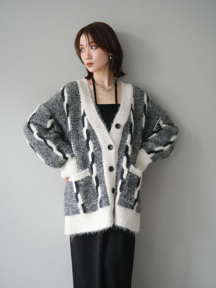 [予約]バイカラー編み込みデザインニットカーディガン/ホワイト