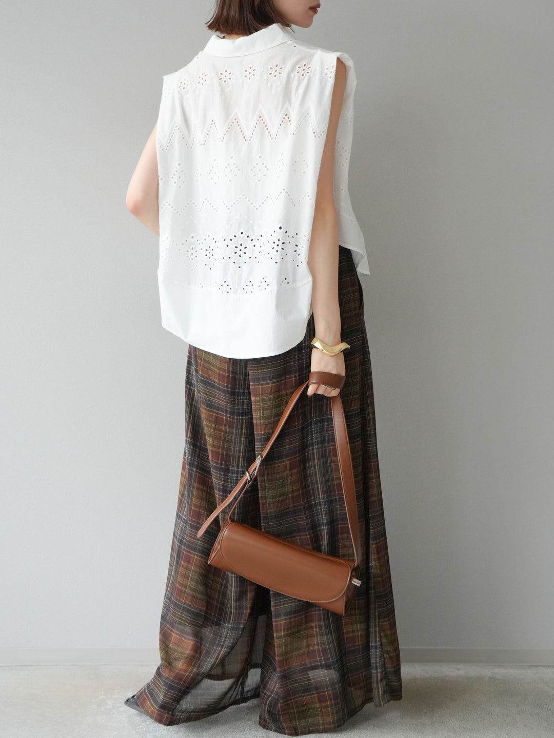 [預購] 透視格紋寬鬆褲/棕色