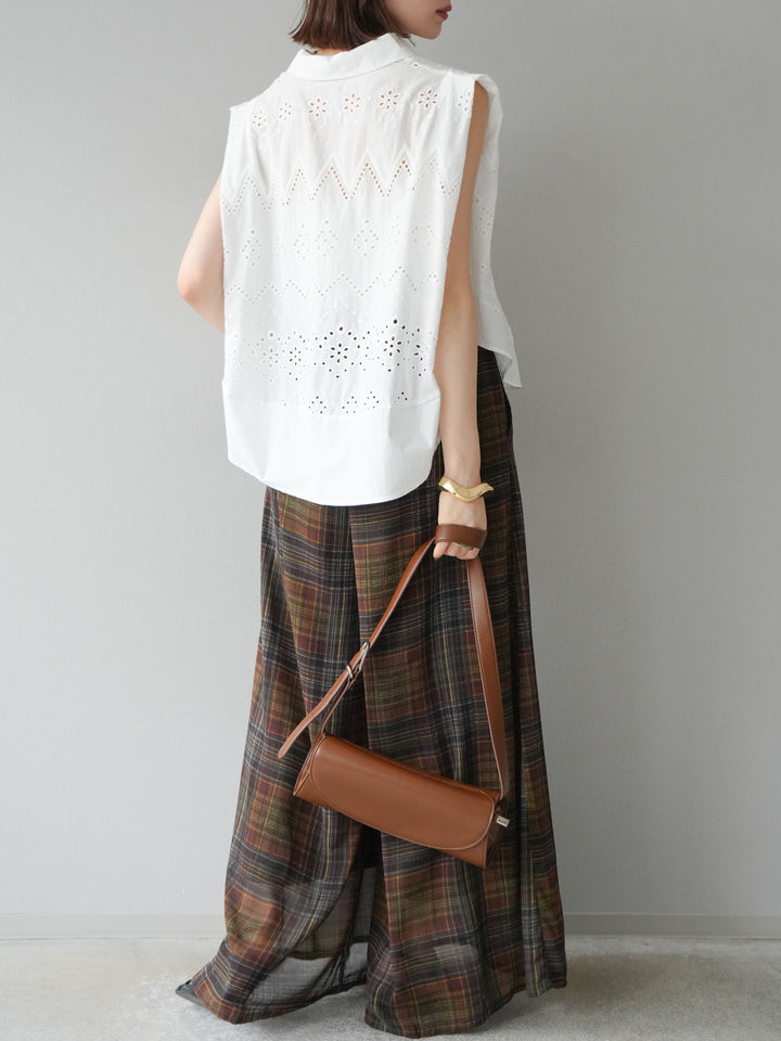 [預購] 透視格紋寬鬆褲/棕色