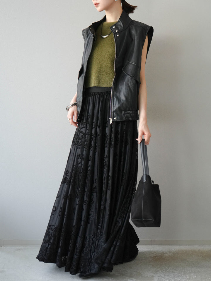 [予約]アンティーク柄フロッキーマキシスカート/ブラック