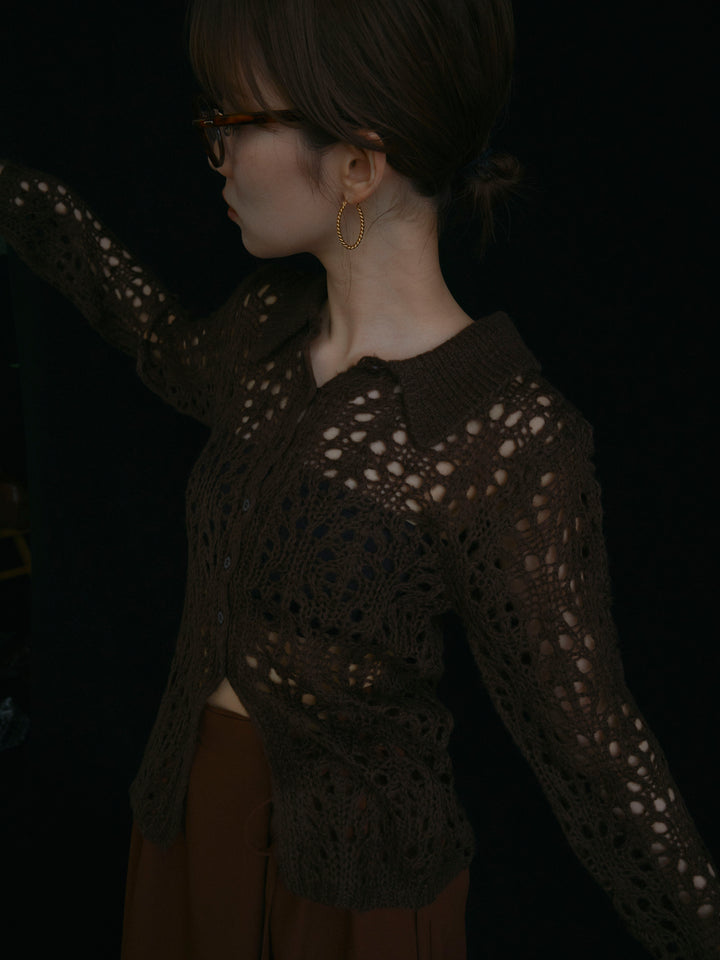 [予約]ローゲージ透かし編みポロニッカーディガン/ブラウン
