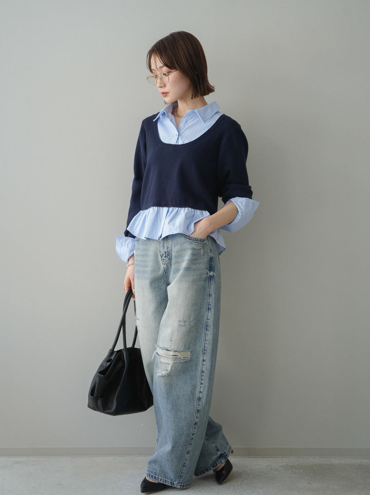 [SET]ストライプシャツUネックドッキングニットプルオーバー+ダメージデニムセミワイドパンツ(2set)