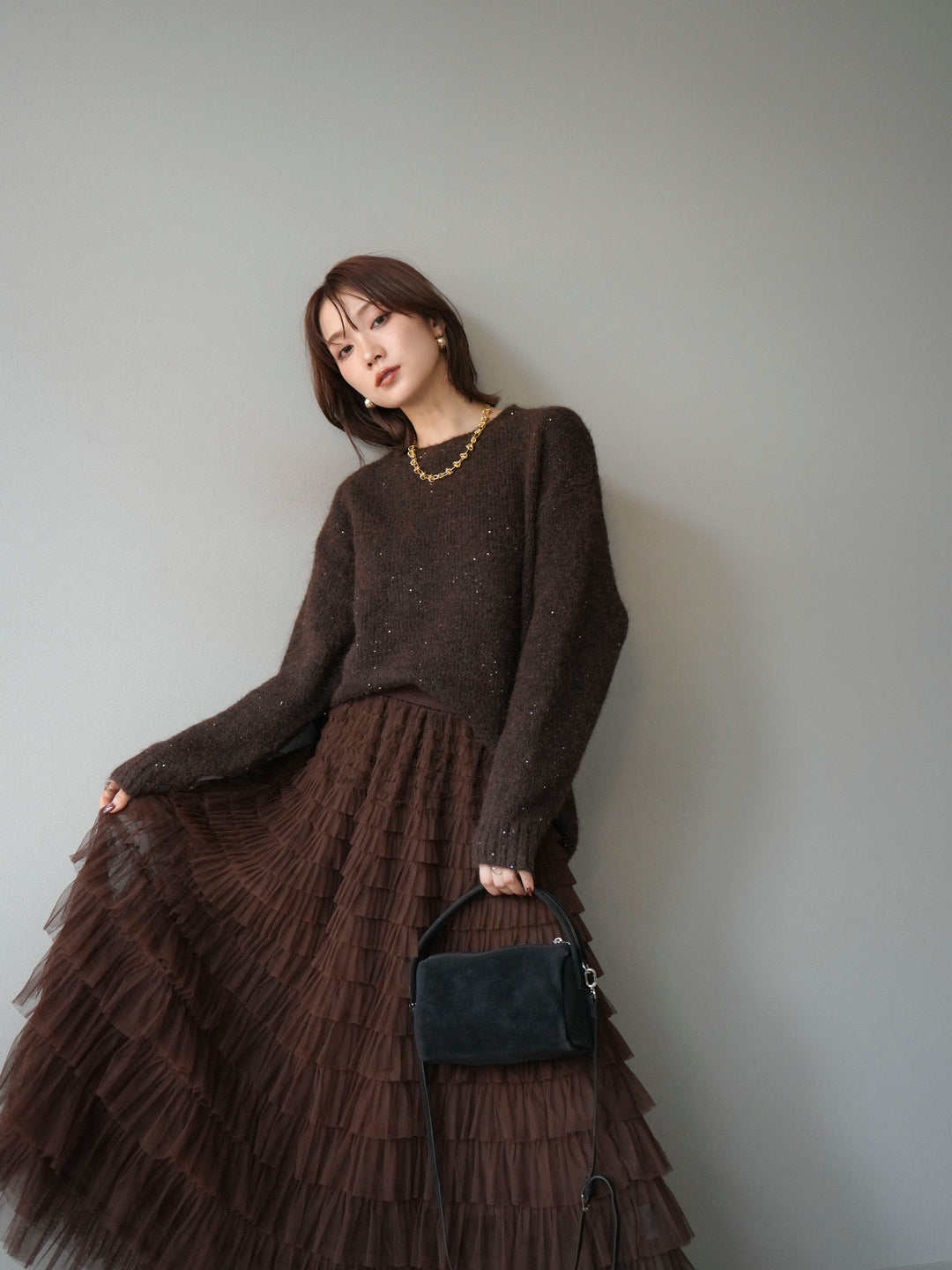[予約]スパンコールニットプルオーバー/ブラウン