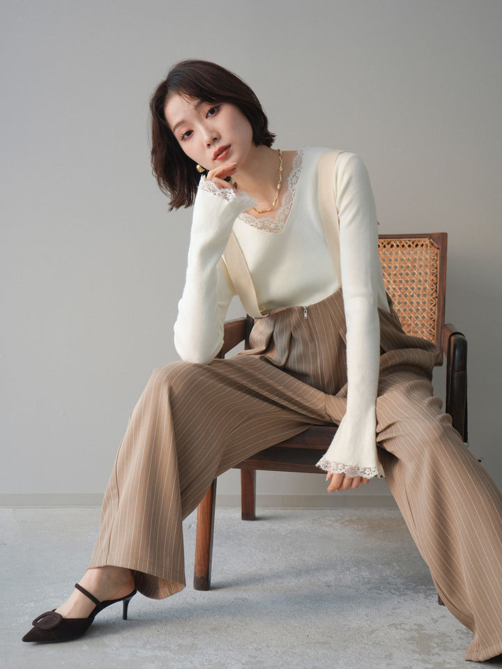 [予約]レースドッキングVネックニットトップス/white