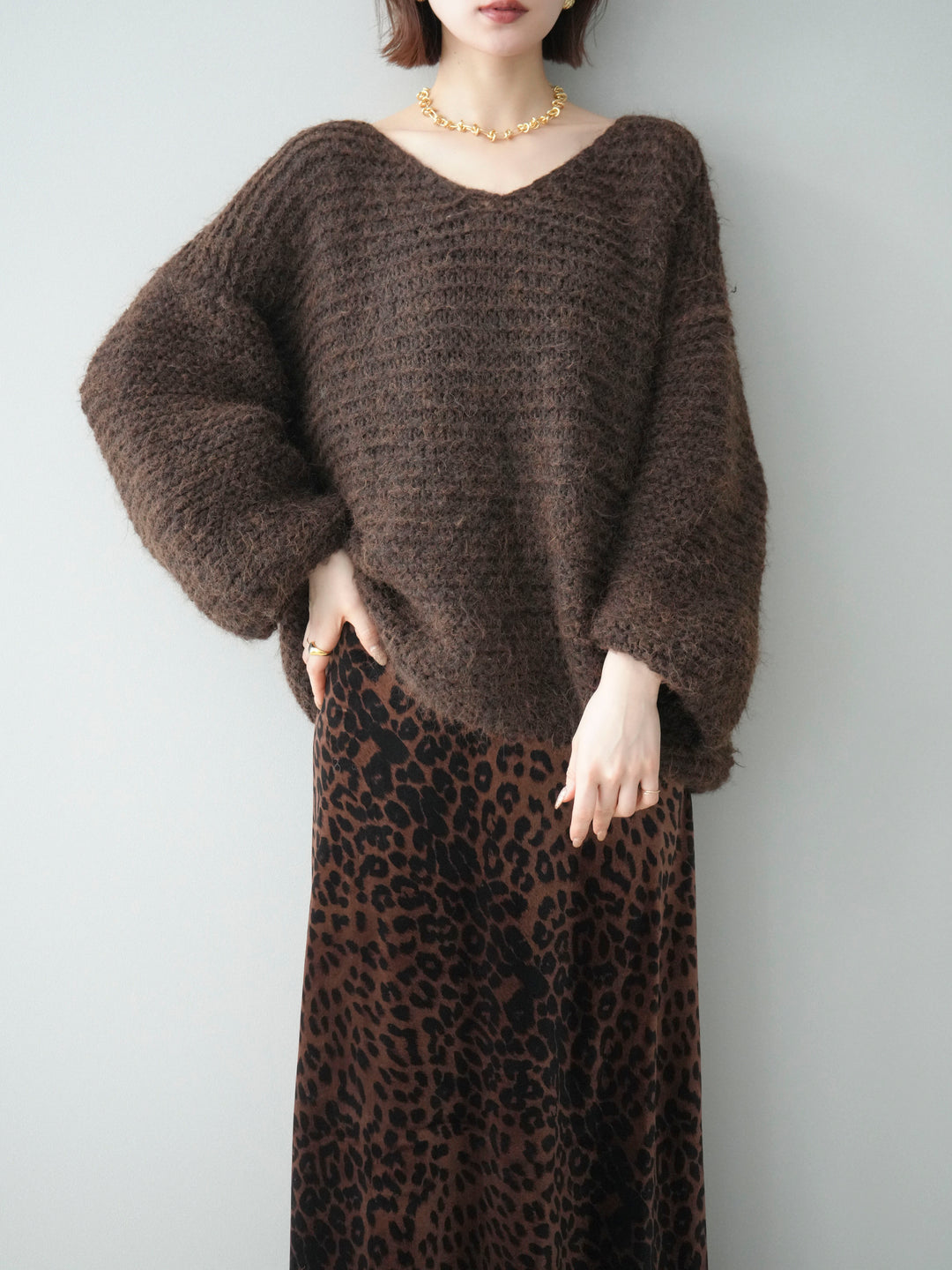 [予約]ワッフル編みシャギーニットプルオーバー/brown